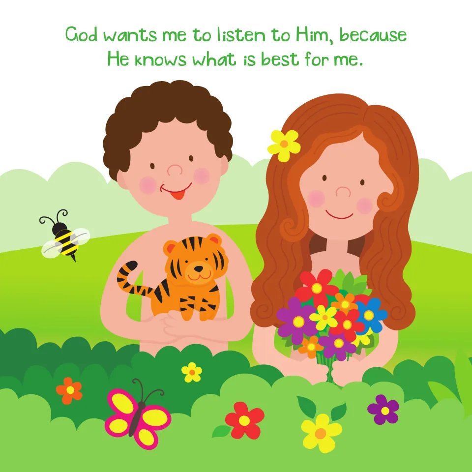 Adam and Eve picture page: 'God wants me to listen to Him, because He knows what is best for me.'