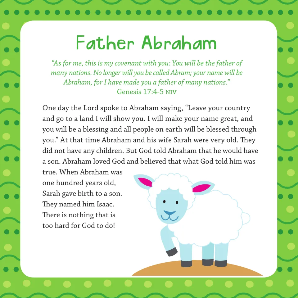 'Father Abraham' story with Genesis 17:4-5: God's promise to Abraham and the birth of his son Isaac to Sarah