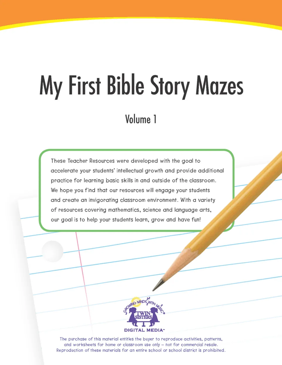 Cover of My First Bible Story Mazes, Volume 1, with a teacher resource introduction and reproduction terms