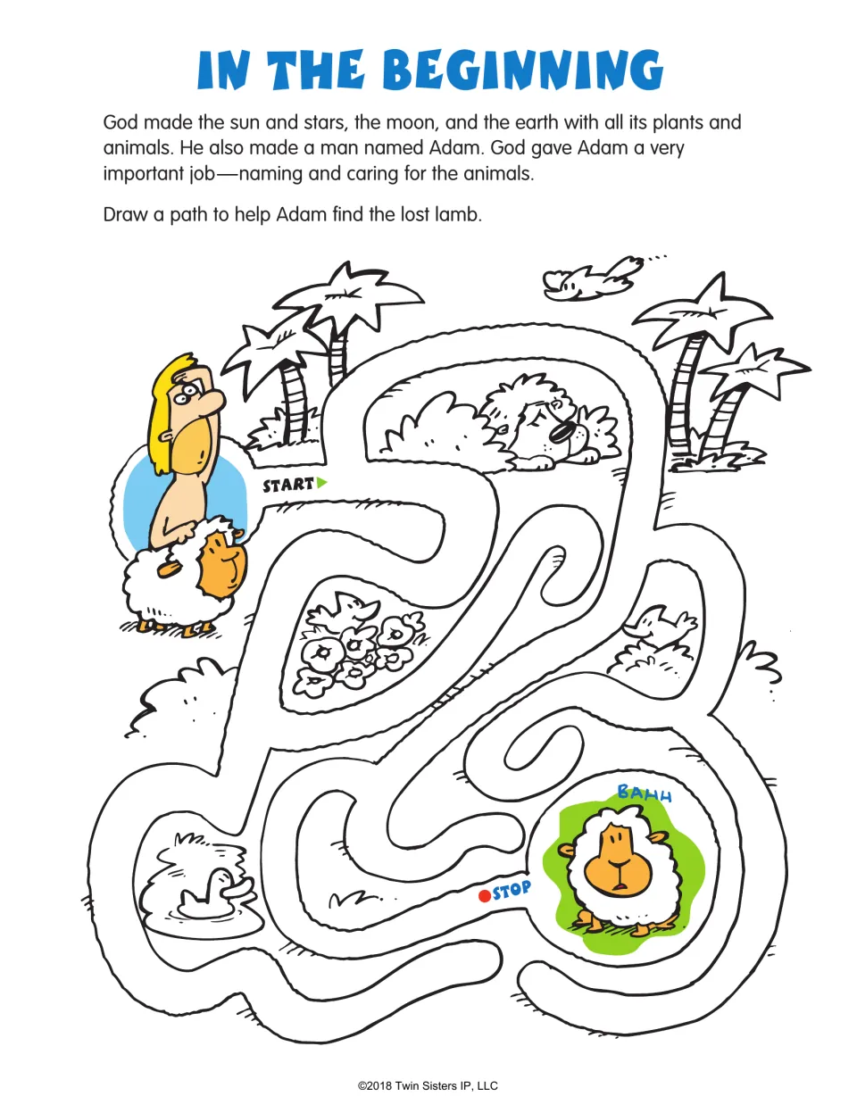 In the Beginning maze activity pairs a creation retelling with a task to help Adam find the lost lamb.