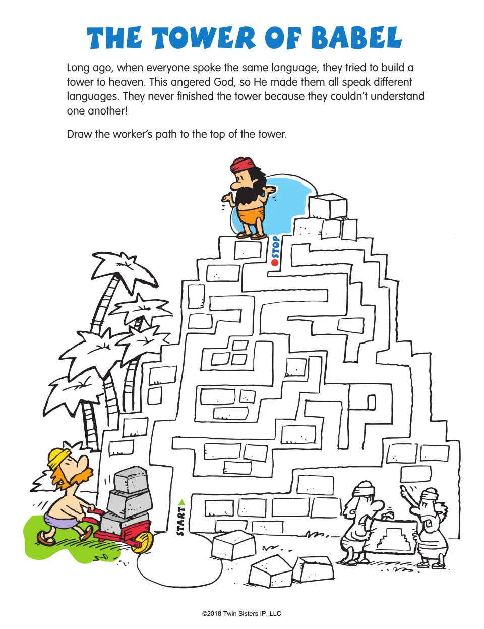 The Tower of Babel maze pairs a story about different languages with a worker's path to the tower's top.