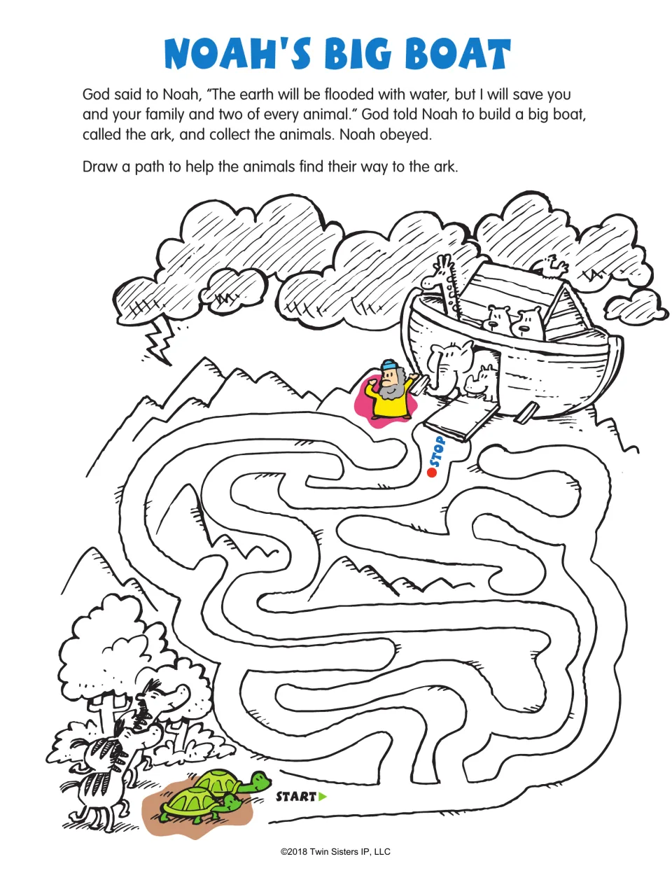 Noah's Big Boat maze activity retells God's command to build an ark and asks children to guide animals to it.