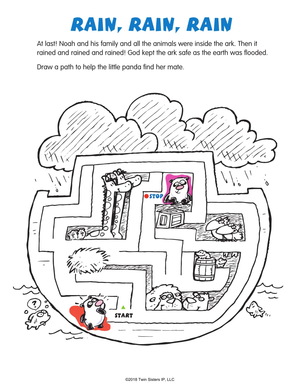 Rain, Rain, Rain maze activity describes safety aboard Noah's ark and asks children to help a panda find her mate.
