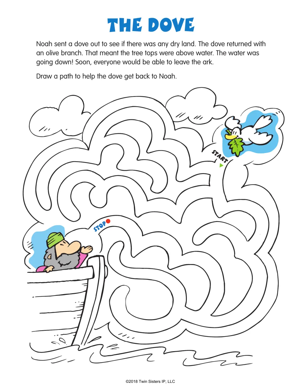 The Dove maze activity retells the bird's return with an olive branch and asks children to guide it back to Noah.
