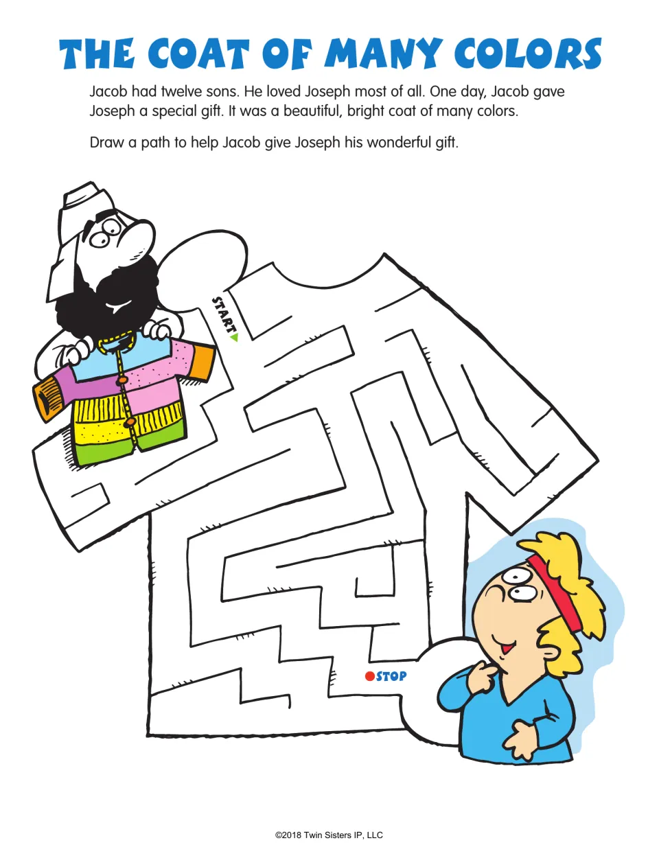 The Coat of Many Colors maze activity tells of Jacob's gift and asks children to help him reach Joseph.