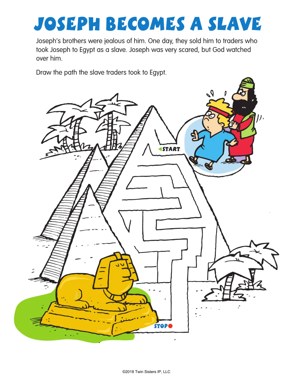Joseph Becomes a Slave maze retells his sale by his brothers and asks children to trace the traders' path to Egypt.