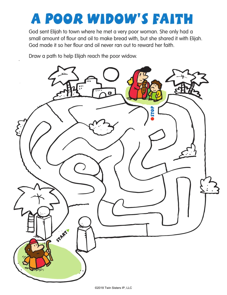 Bible story maze: A Poor Widow's Faith, with a summary and a path to help Elijah reach the widow