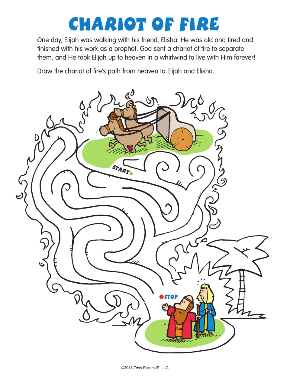 Bible story maze: Chariot of Fire, with a summary and a path from heaven to Elijah and Elisha