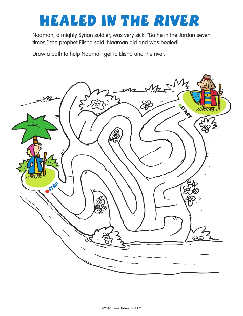 Bible story maze: Healed in the River, with a summary and a path for Naaman to reach Elisha and the river