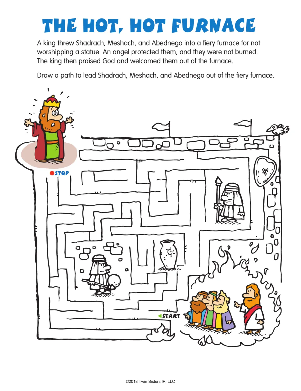 Bible story maze: The Hot, Hot Furnace, tracing a route for Shadrach, Meshach, and Abednego out of the furnace