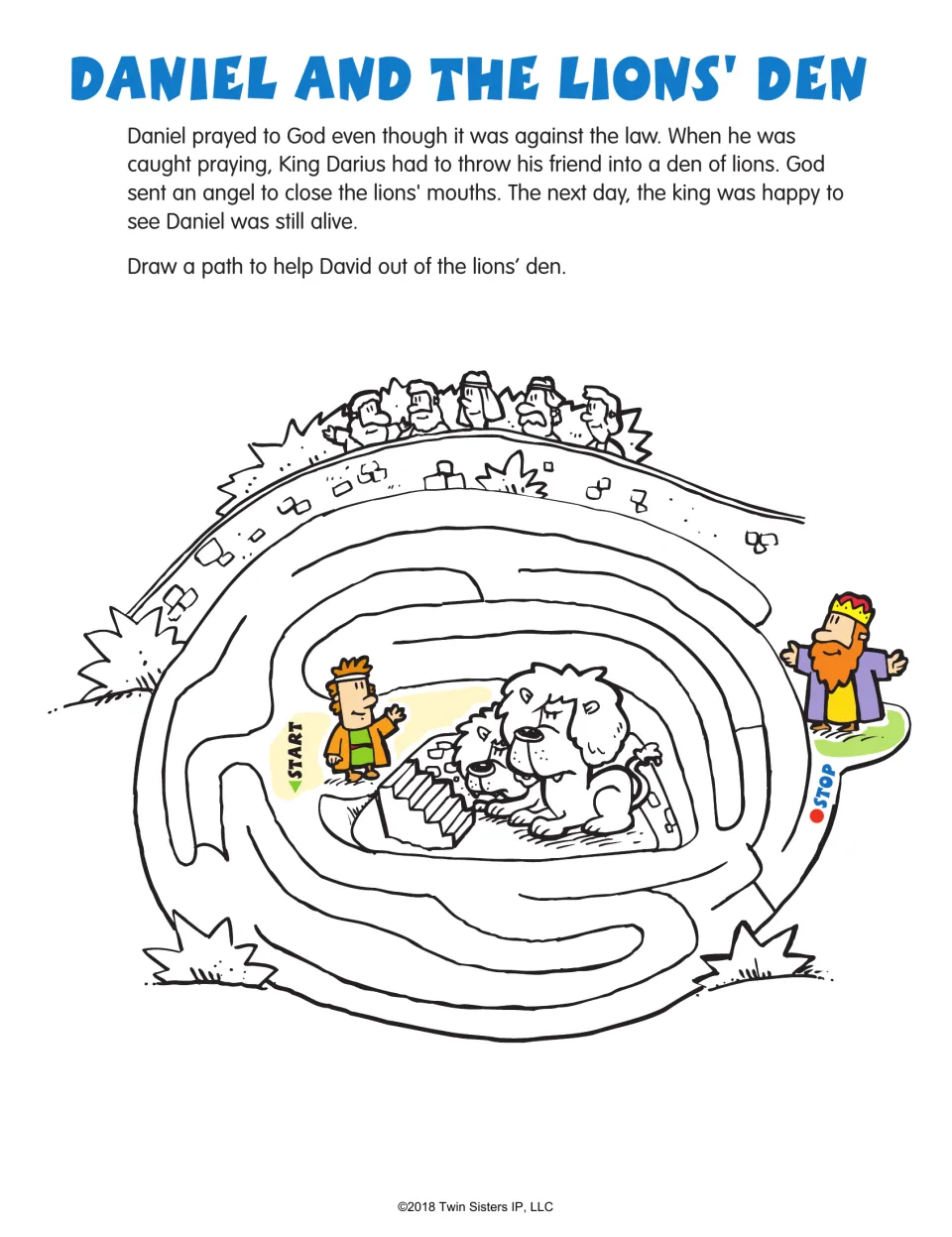 Bible story maze: Daniel and the Lions' Den, with a summary of Daniel's rescue and a route out of the den