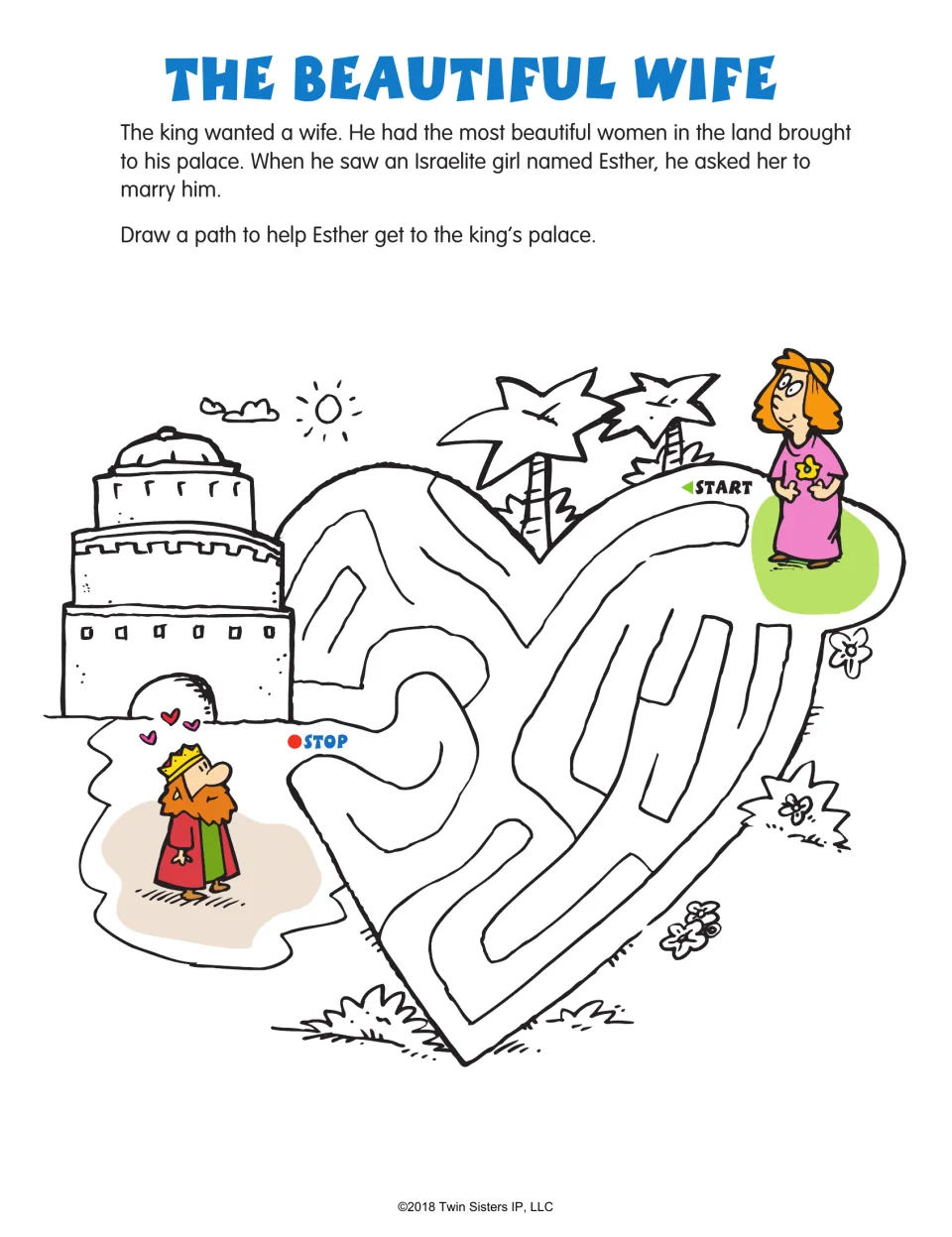 Bible story maze: The Beautiful Wife, with a summary about Esther and a path to the king's palace
