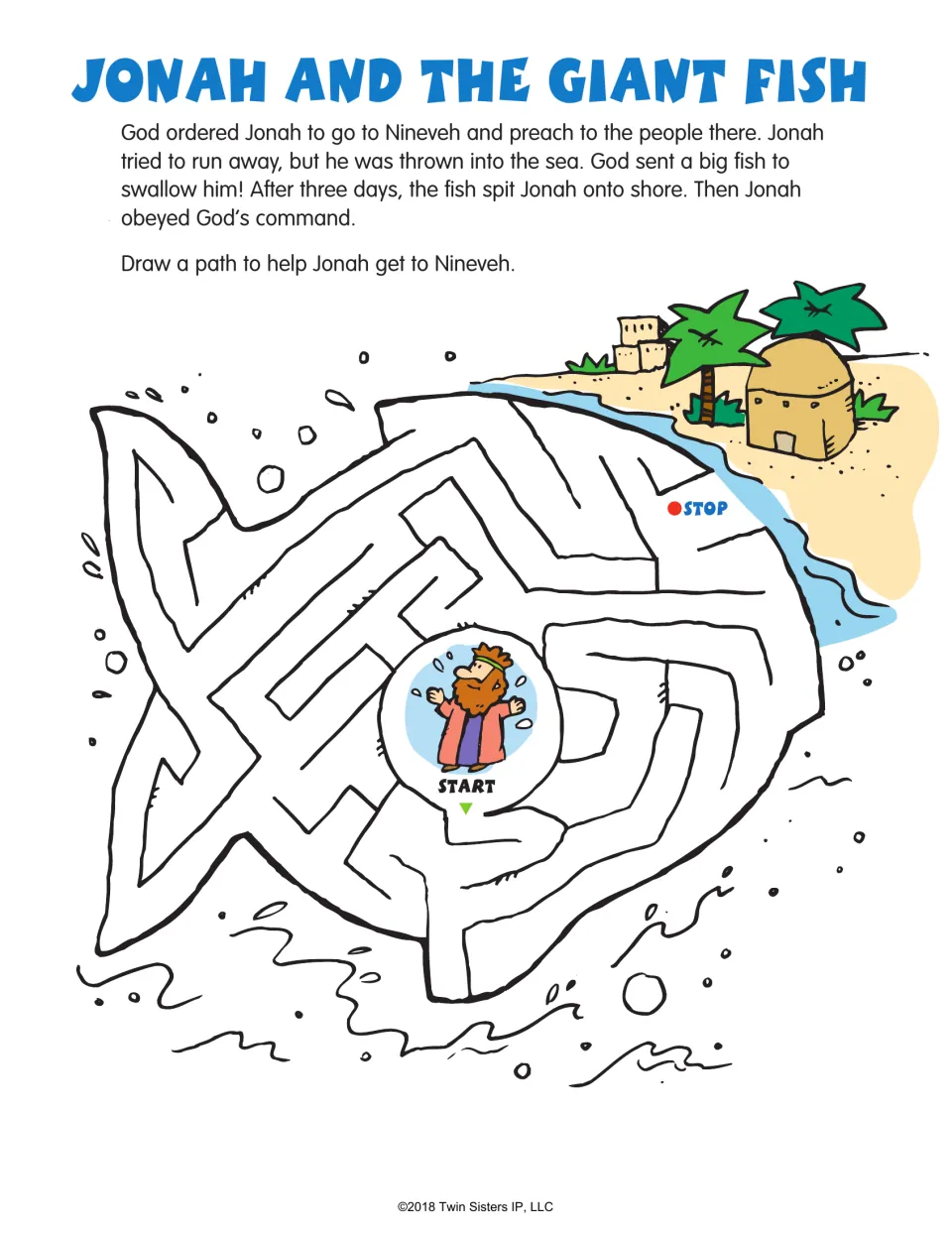 Bible story maze: Jonah and the Giant Fish, with a summary and a path to help Jonah reach Nineveh