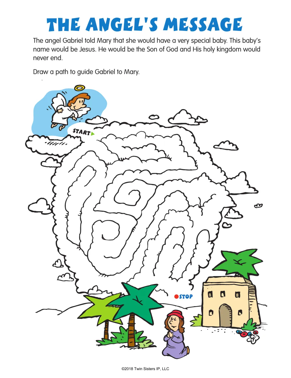 Bible story maze: The Angel's Message, with a summary of Gabriel's announcement and a path to Mary