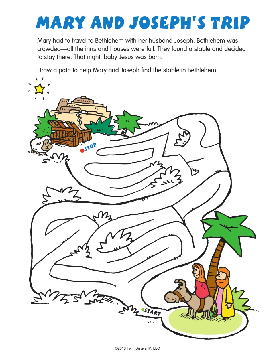 Bible story maze: Mary and Joseph's Trip, with a summary and a path to find the stable in Bethlehem