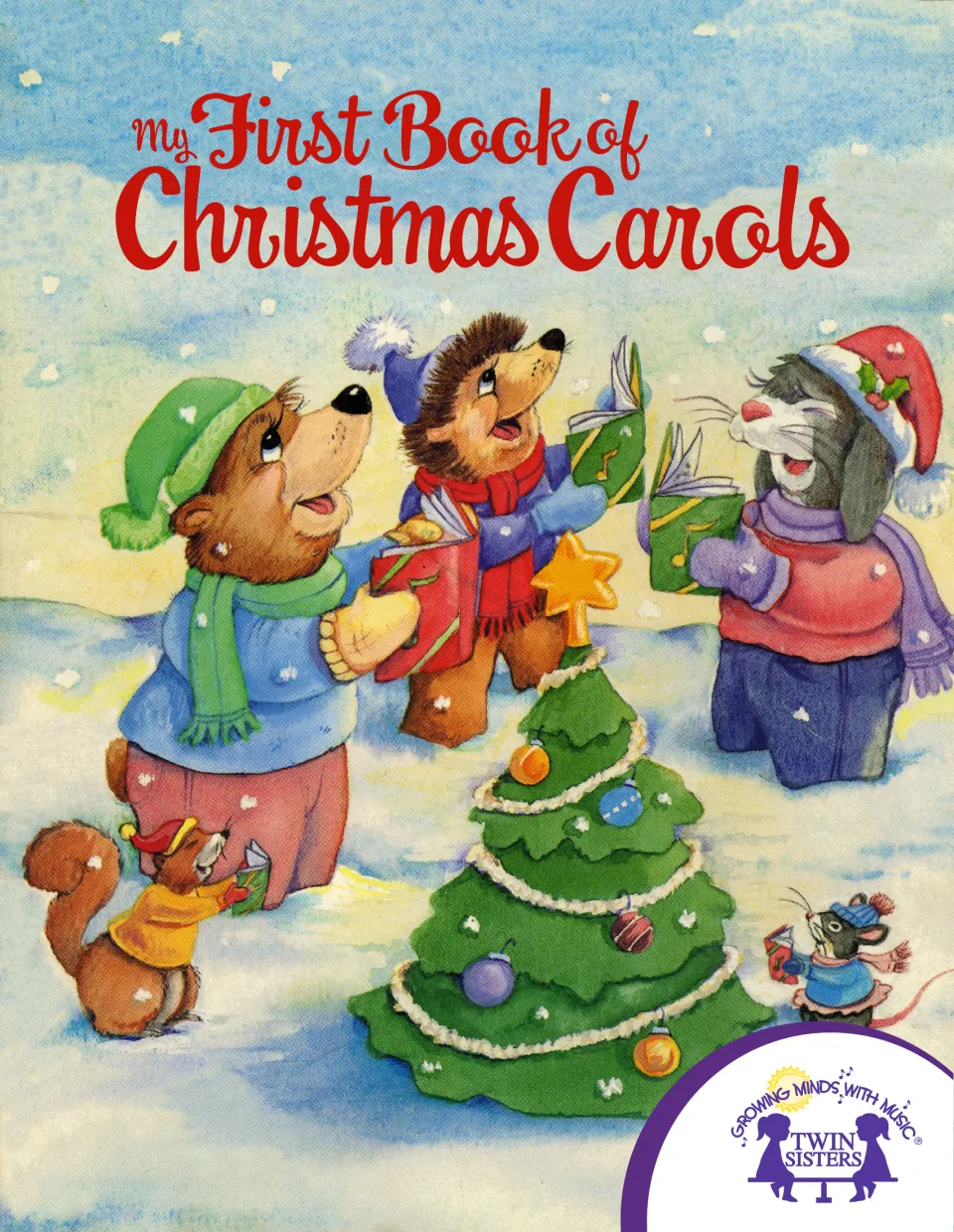 Christmas carols eBook cover: a bear, hedgehog and rabbit sing from songbooks around a small Christmas tree
