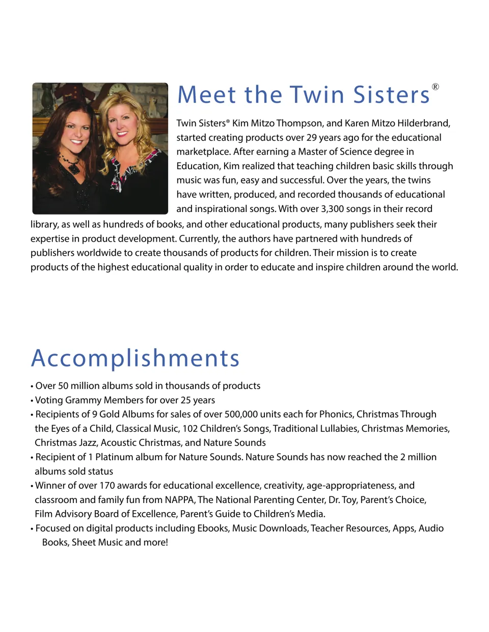 Meet the Twin Sisters author bio of Kim Mitzo Thompson and Karen Mitzo Hilderbrand, with a list of accomplishments