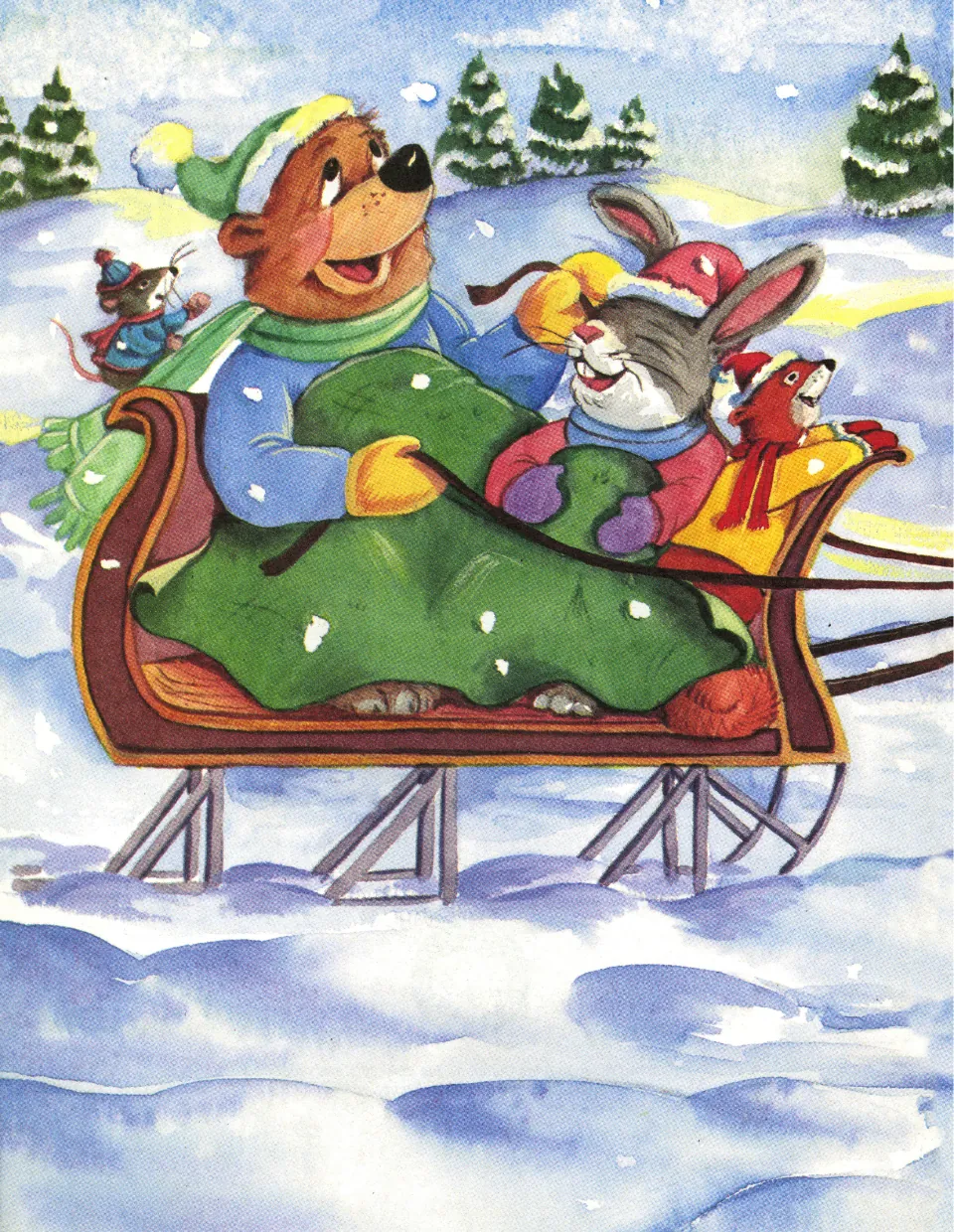 Picture page before 'Jingle Bells': a bear, rabbit and squirrel ride a sleigh through the snow