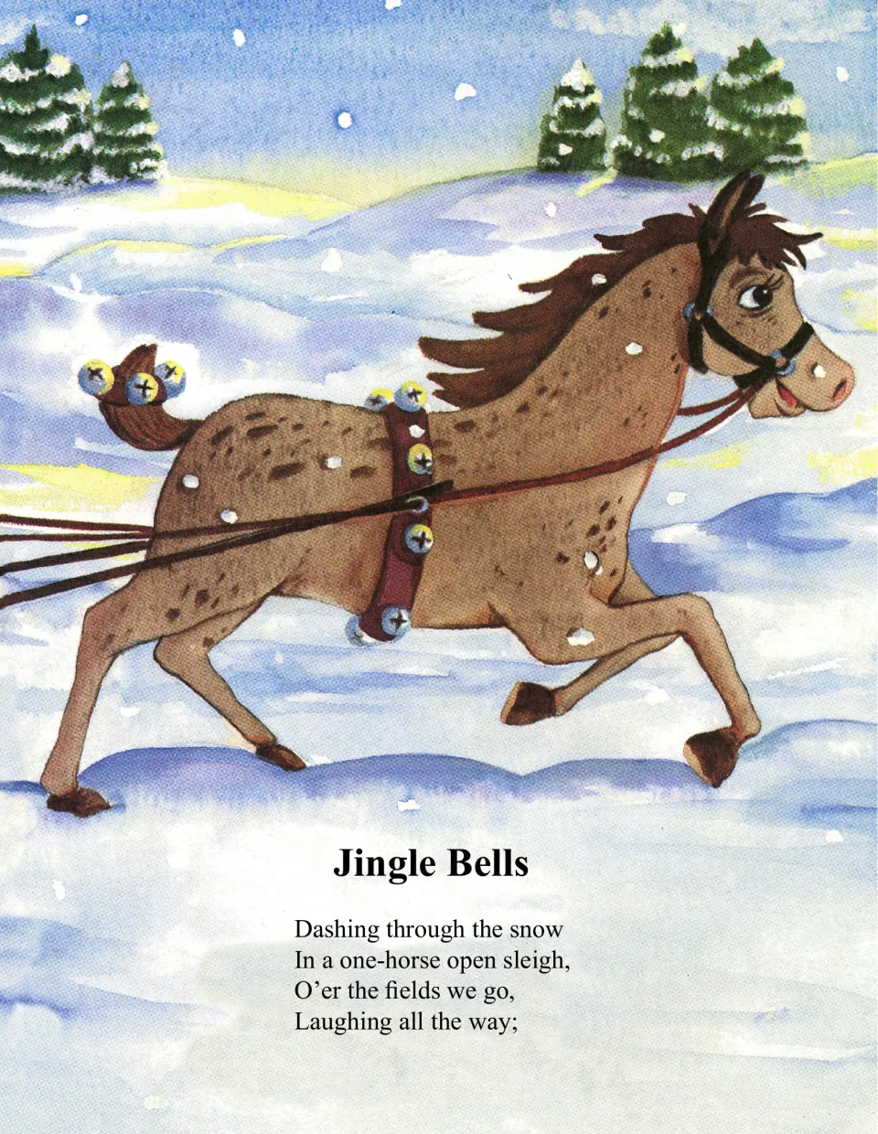 'Jingle Bells' verse 1 lyrics: 'Dashing through the snow in a one-horse open sleigh,' with a horse wearing bells