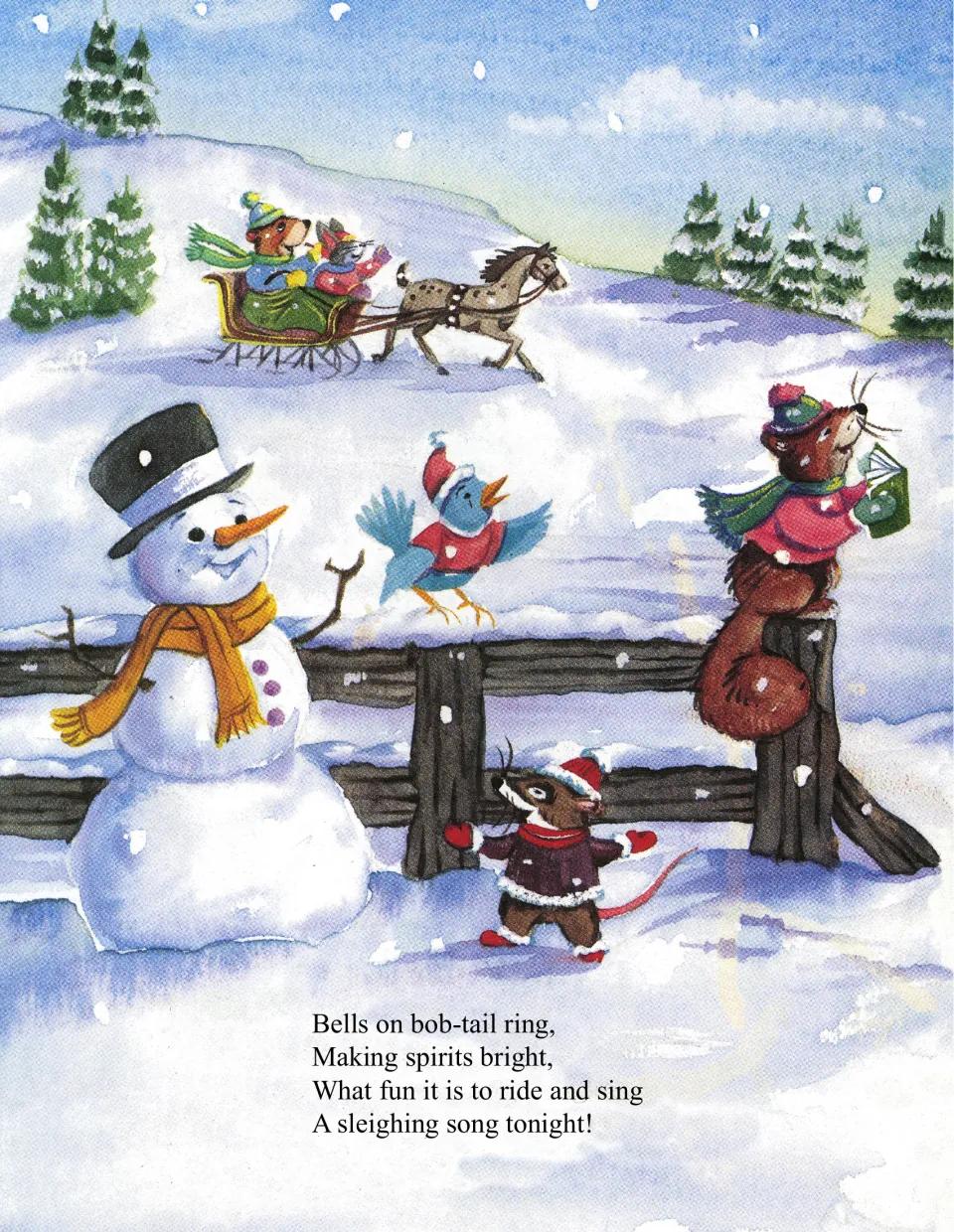 'Jingle Bells' continued: 'Bells on bob-tail ring, making spirits bright,' with a snowman and animals by a fence