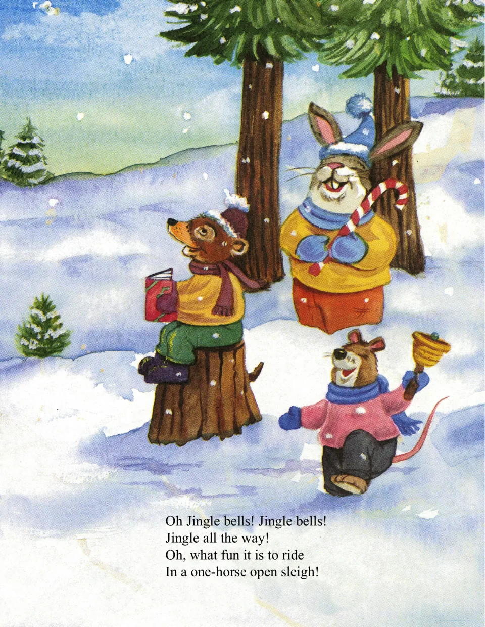 'Jingle Bells' chorus: 'Oh Jingle bells! Jingle bells! Jingle all the way!' as a mouse rings a bell