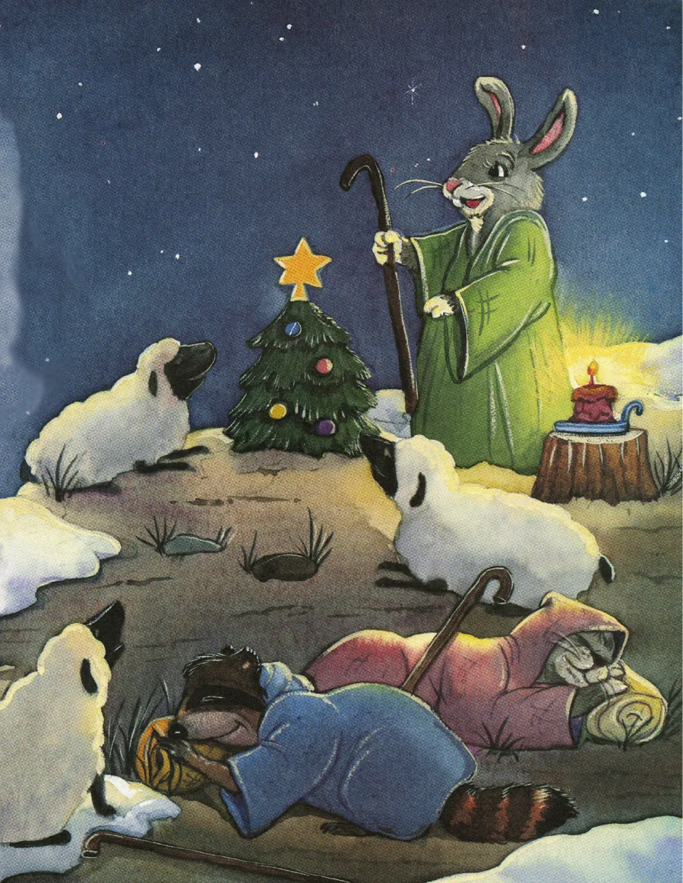 Picture page before 'Silent Night': a rabbit shepherd with a staff watches sheep as two shepherds sleep