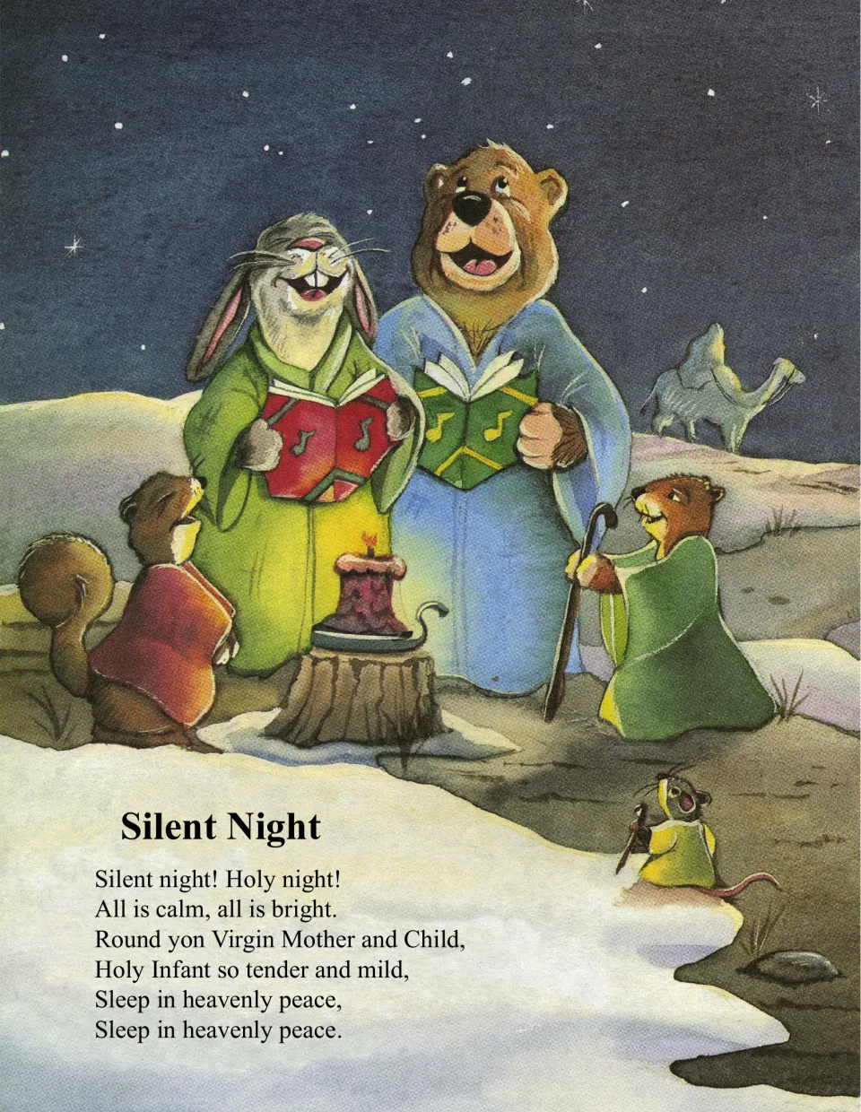 'Silent Night' verse: 'Silent night! Holy night! All is calm, all is bright,' sung by animals in robes