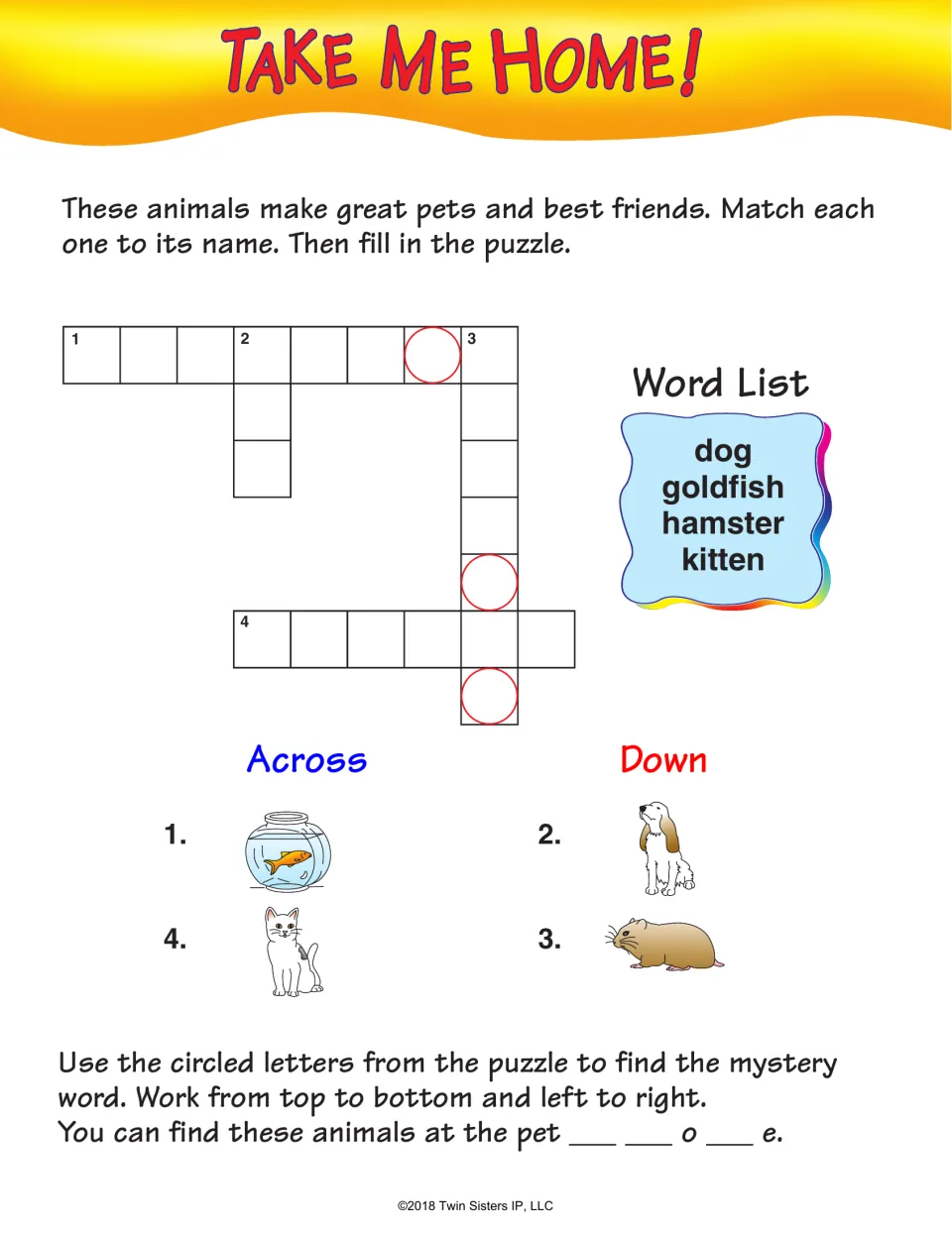 Take Me Home! crossword: match pet pictures to dog, goldfish, hamster, and kitten, then find a mystery word