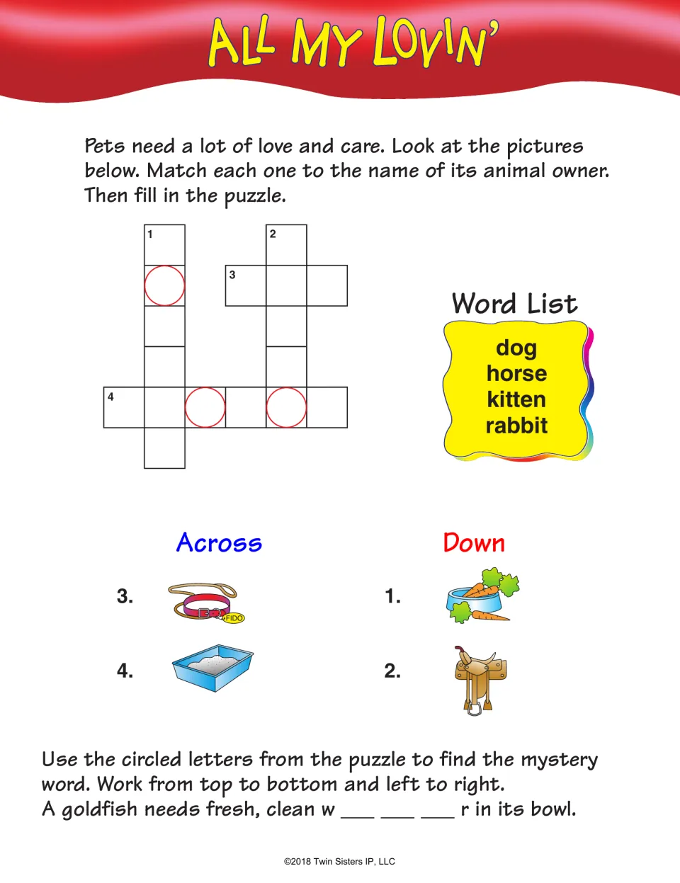 All My Lovin’ crossword: match pet care pictures to dog, horse, kitten, and rabbit, then find a mystery word