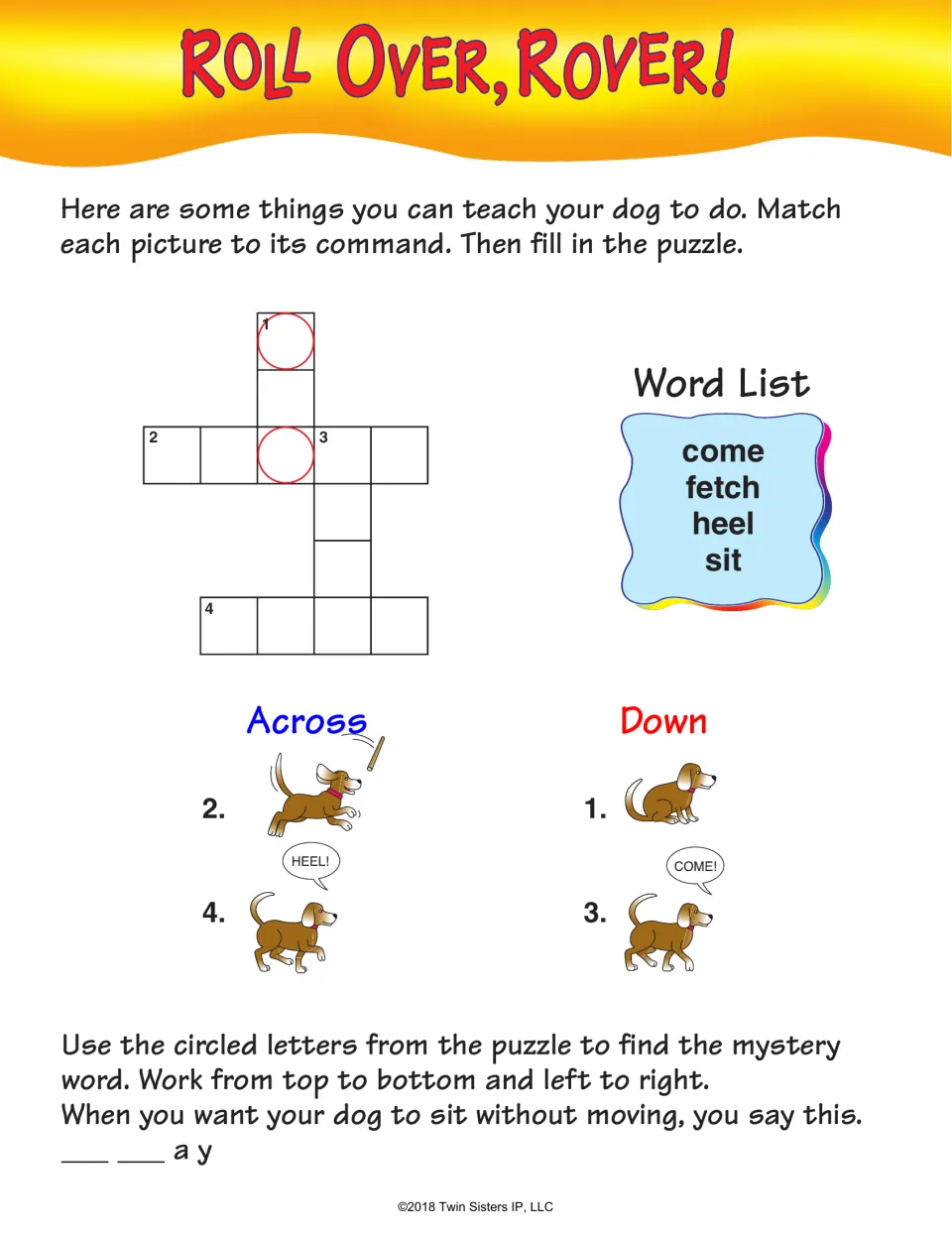 Roll Over, Rover! crossword: match dog pictures to come, fetch, heel, and sit, then find a mystery word