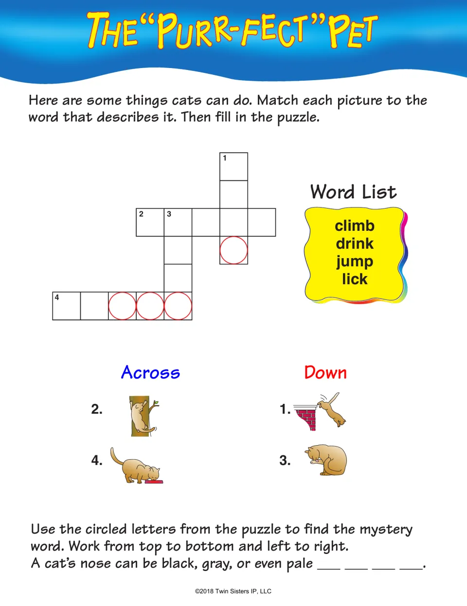 The “Purr-fect” Pet crossword: match cat pictures to climb, drink, jump, and lick, then find a mystery word