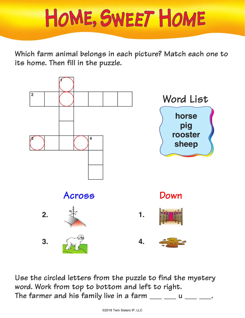 Home, Sweet Home crossword: match horse, pig, rooster, and sheep to their homes, then find a mystery word