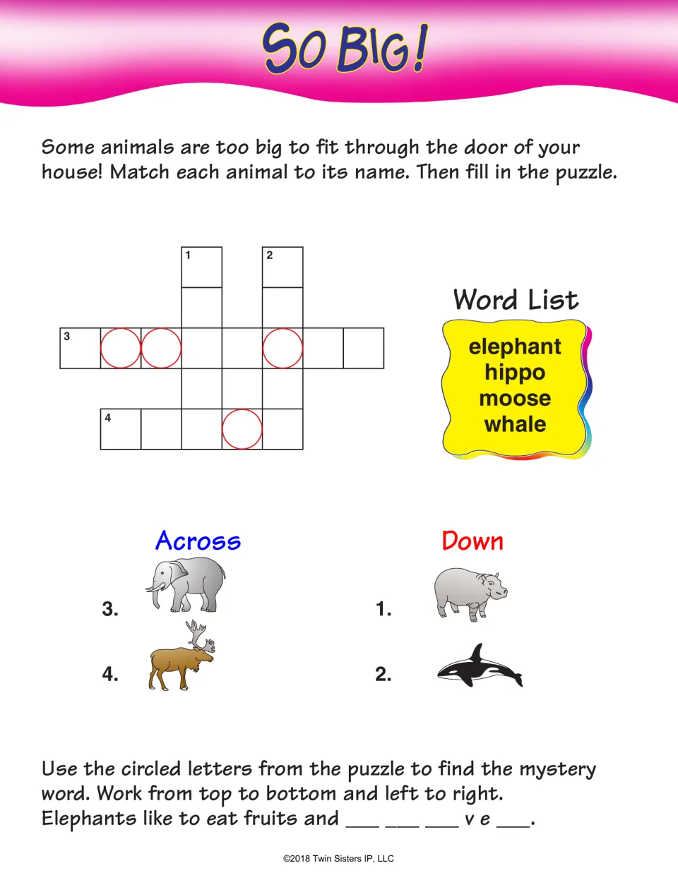 So Big! crossword: match large animal pictures to elephant, hippo, moose, and whale, then find a mystery word
