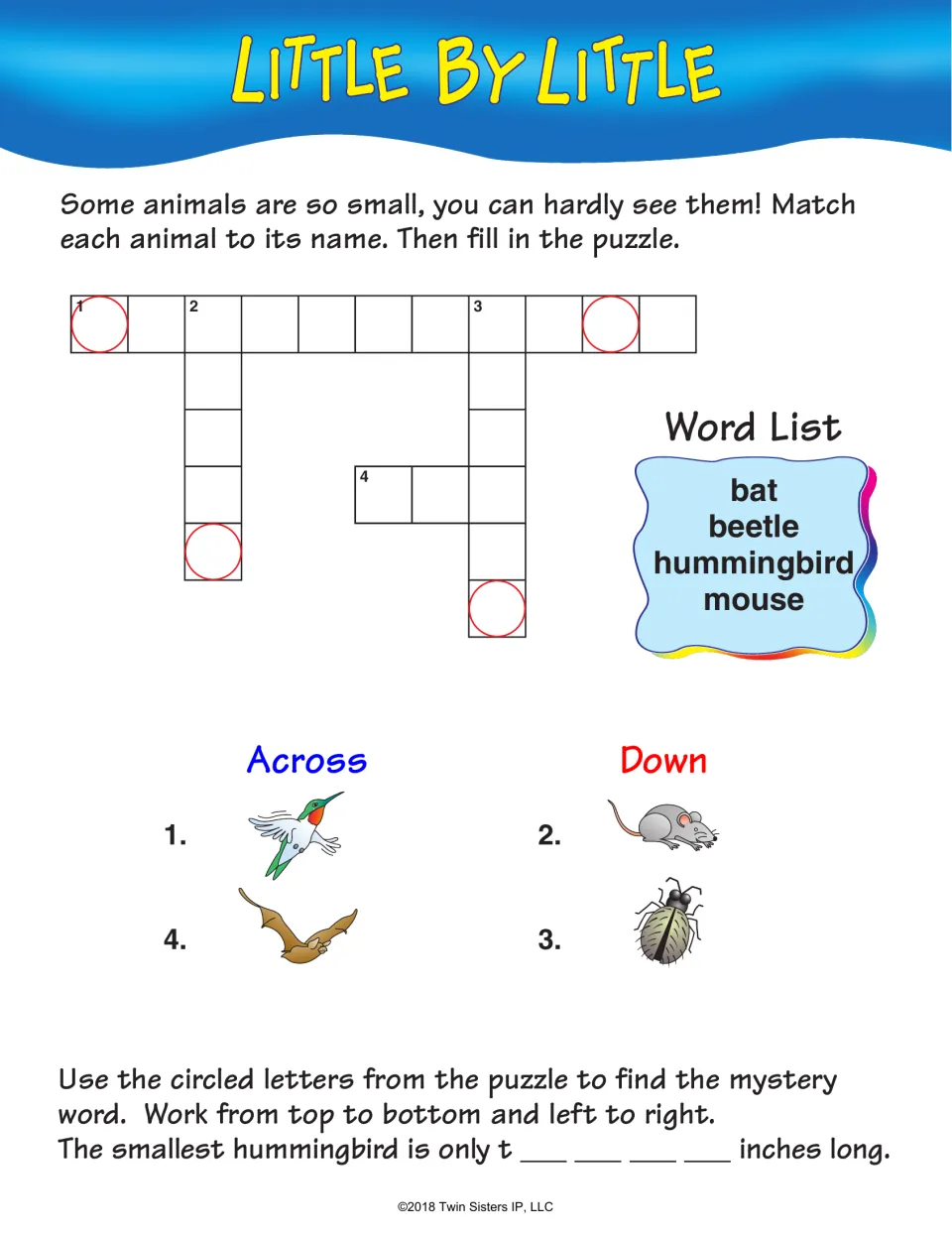 Little by Little crossword: identify bat, beetle, hummingbird, and mouse pictures, then find a mystery word