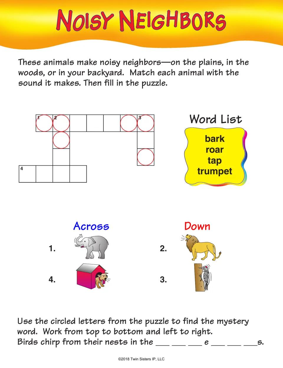 Noisy Neighbors crossword: match animal pictures to bark, roar, tap, and trumpet, then find a mystery word