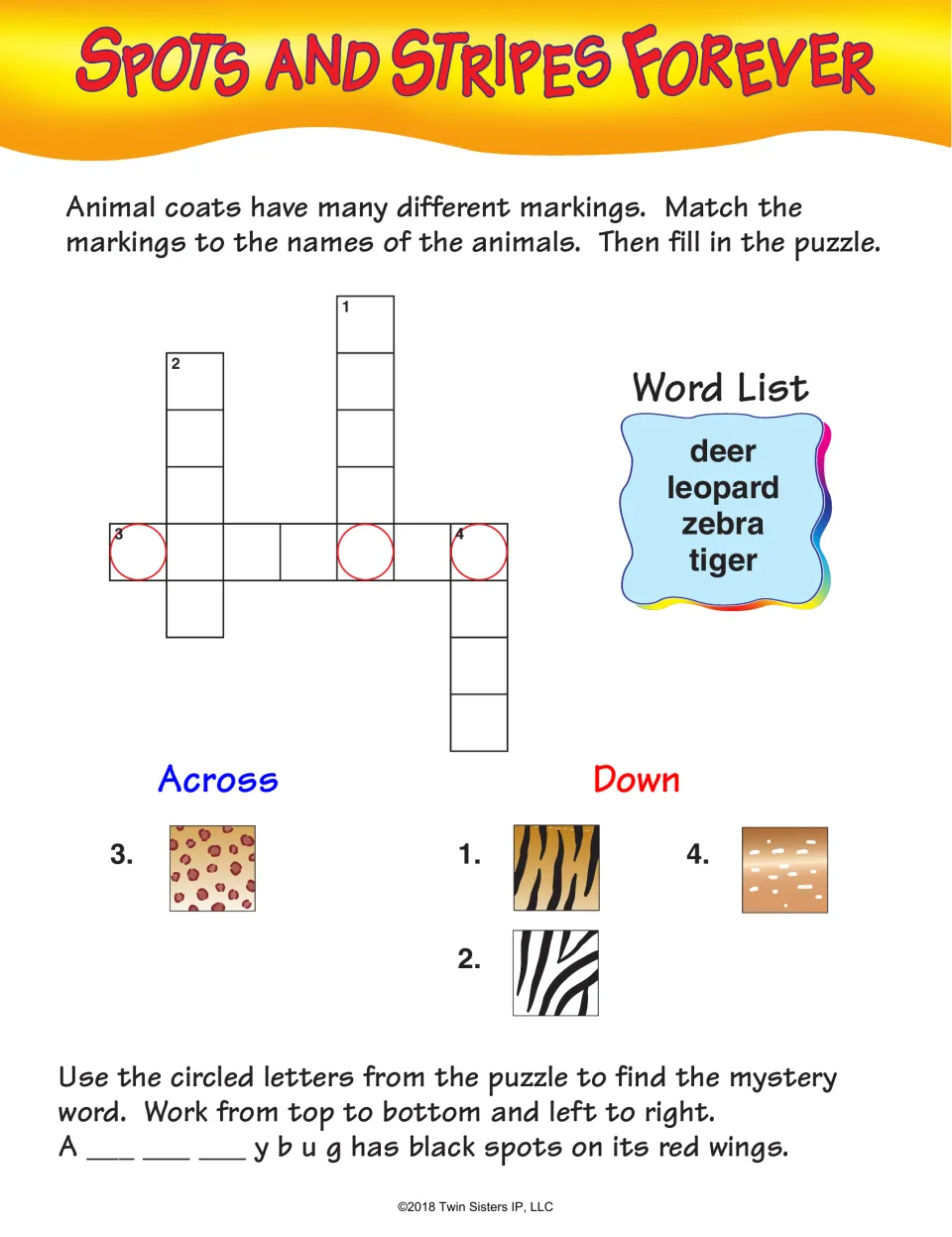 Spots and Stripes Forever crossword: match coat markings to deer, leopard, zebra, and tiger from a word list
