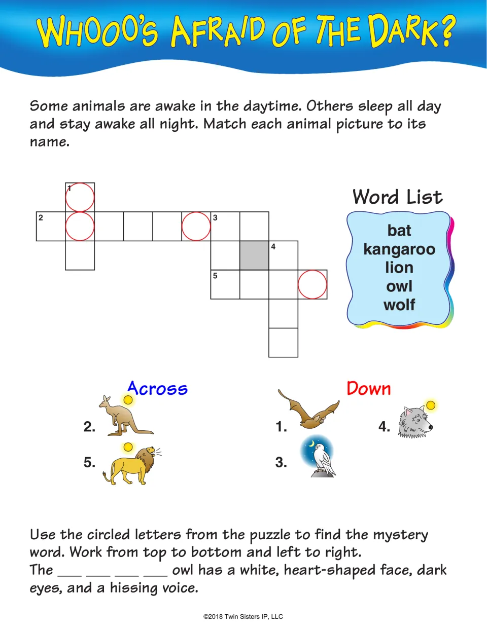 Whooo's Afraid of the Dark? Day and night animals: students match bat, kangaroo, lion, owl and wolf pictures to names