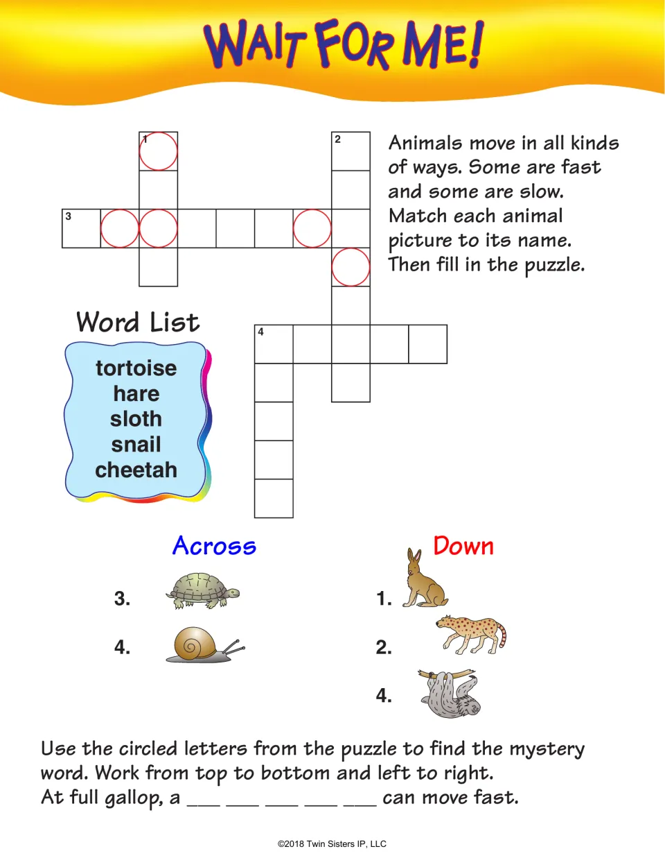 Wait for Me! Fast and slow animals: students match tortoise, hare, sloth, snail and cheetah pictures to their names