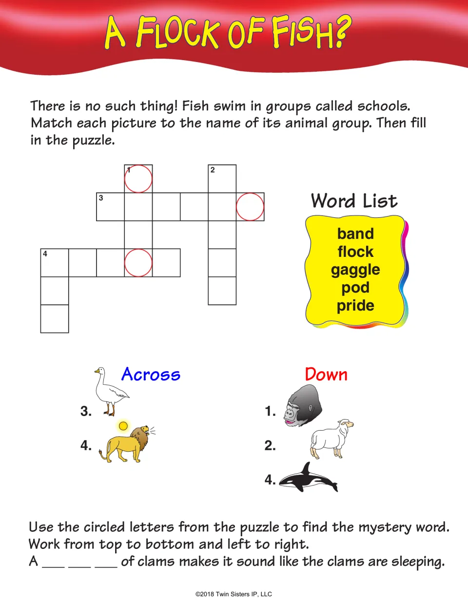 A Flock of Fish? Animal group names: students match band, flock, gaggle, pod and pride to pictured animals in a crossword