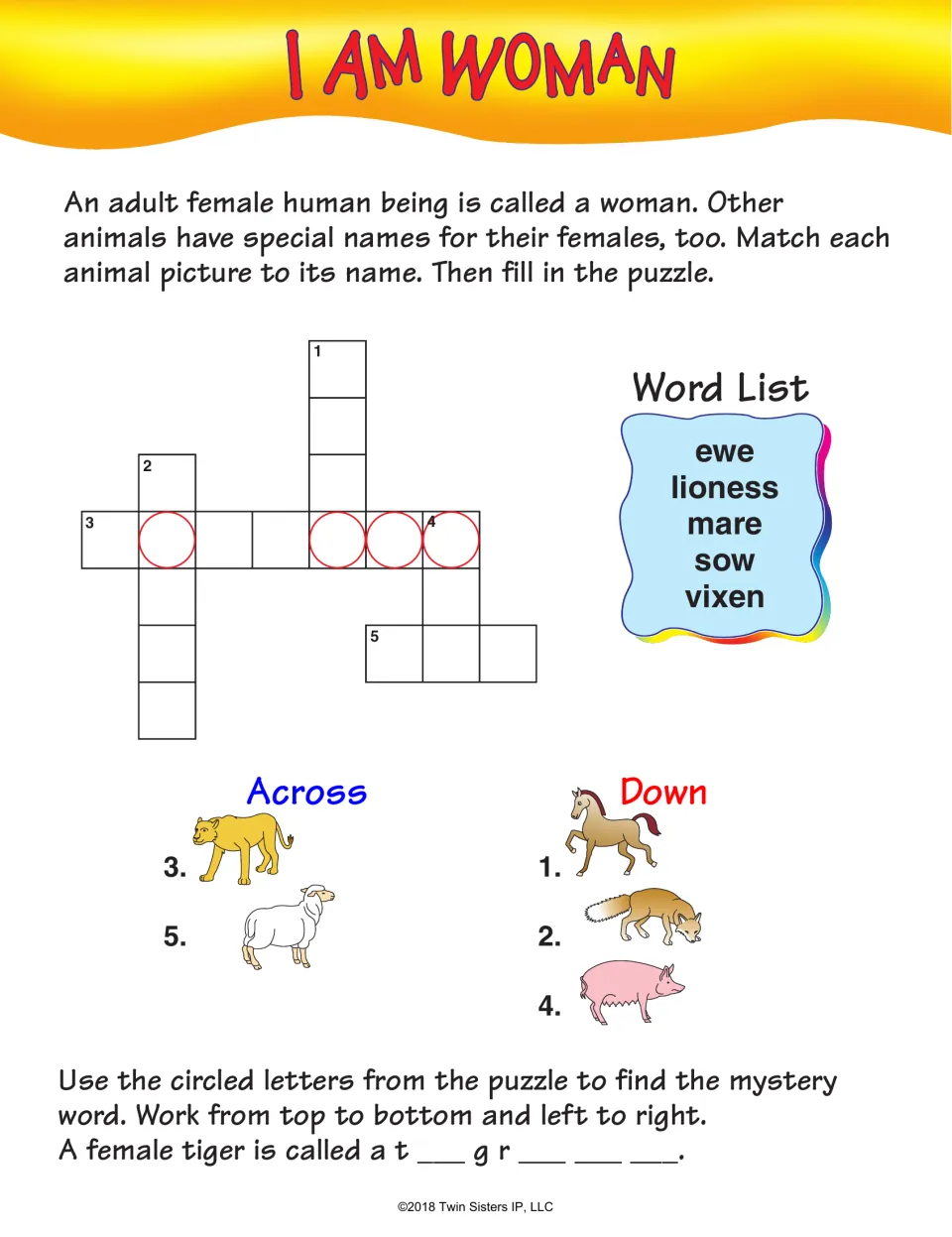 I Am Woman: names for female animals; students match ewe, lioness, mare, sow and vixen to pictures and find a mystery word