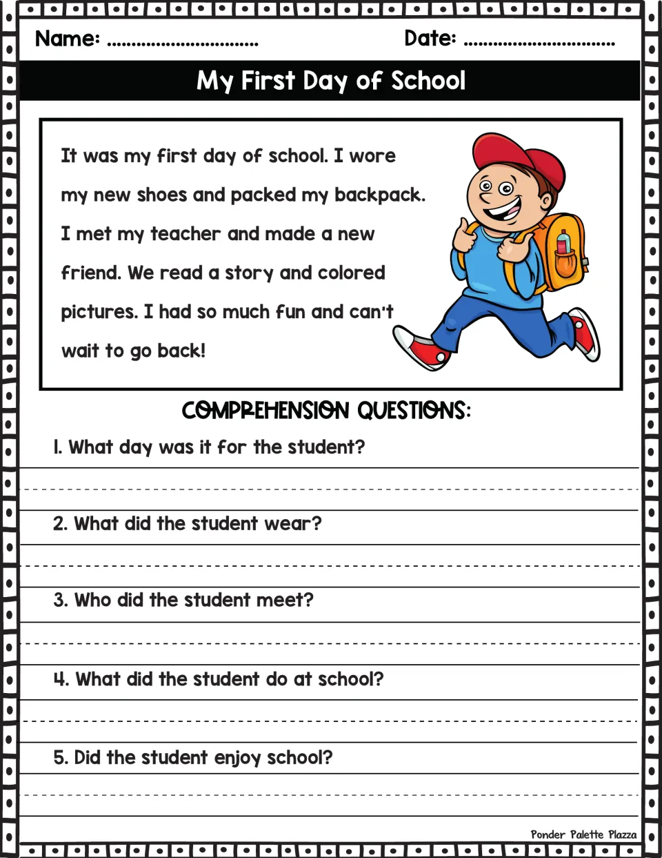 First-day story comprehension: students read a passage about new shoes, a teacher and a friend, then answer 5 questions