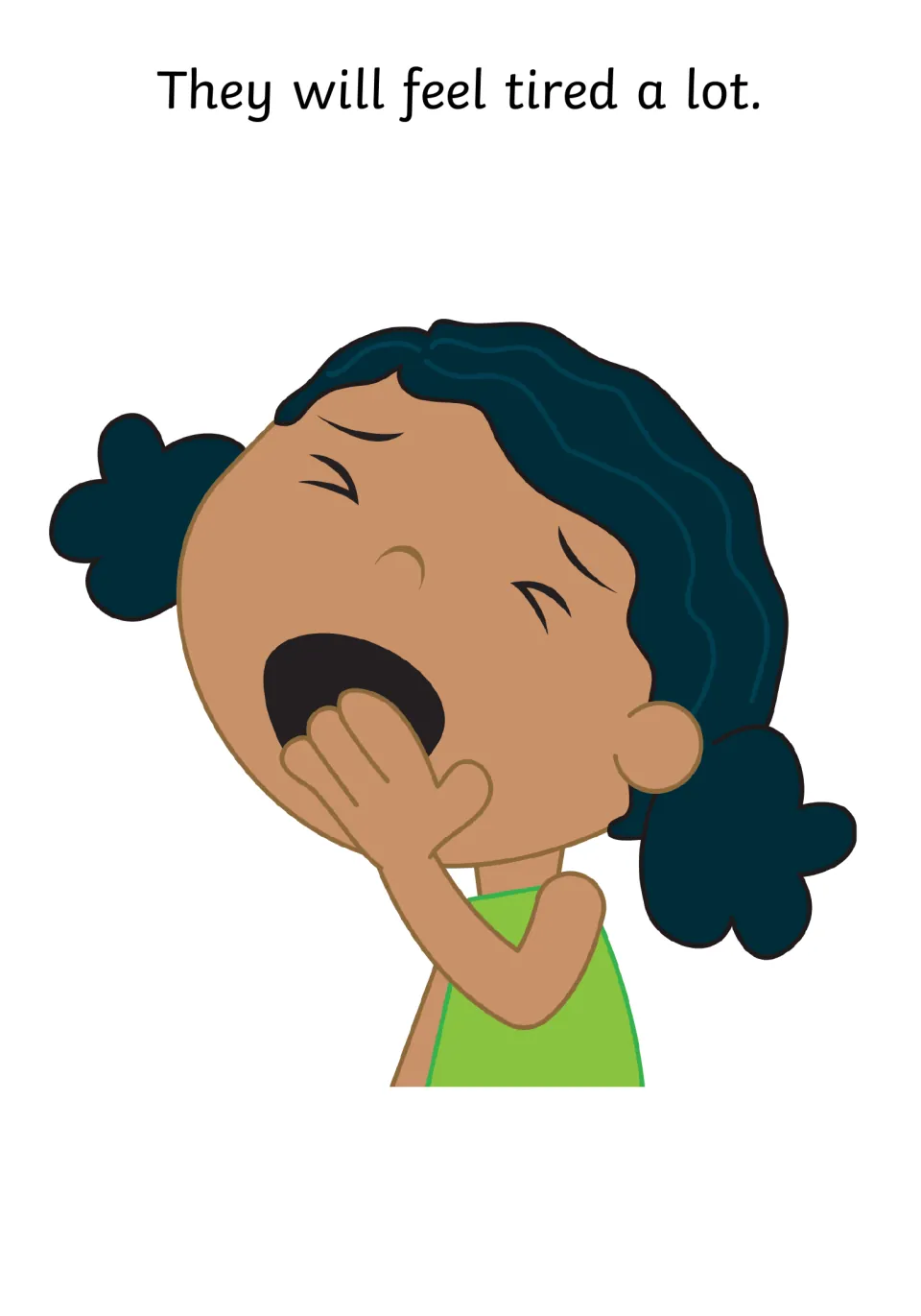 Social story page states 'They will feel tired a lot,' illustrated by a child yawning into their hand.