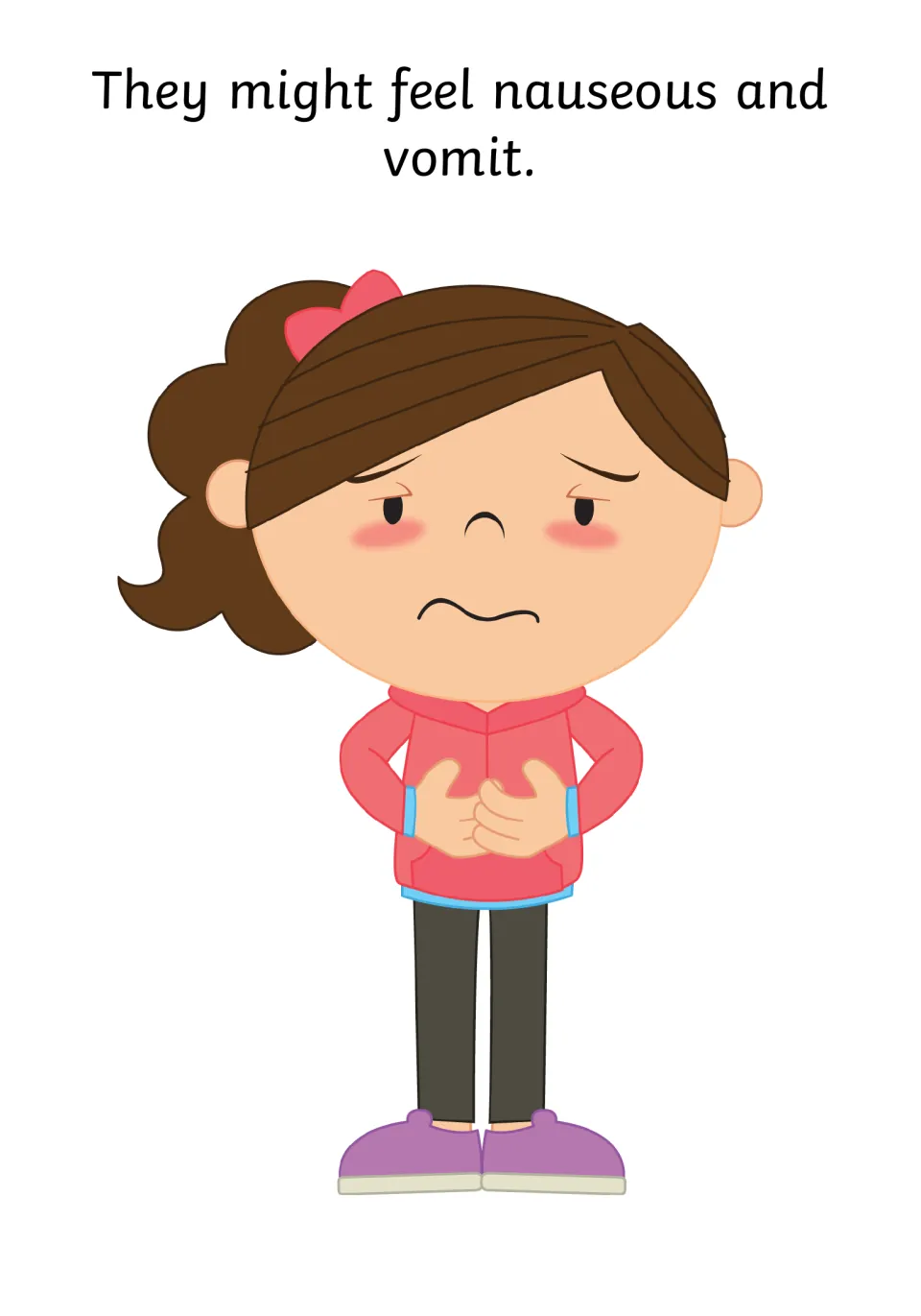 Social story page states 'They might feel nauseous and vomit,' showing a child holding their stomach.