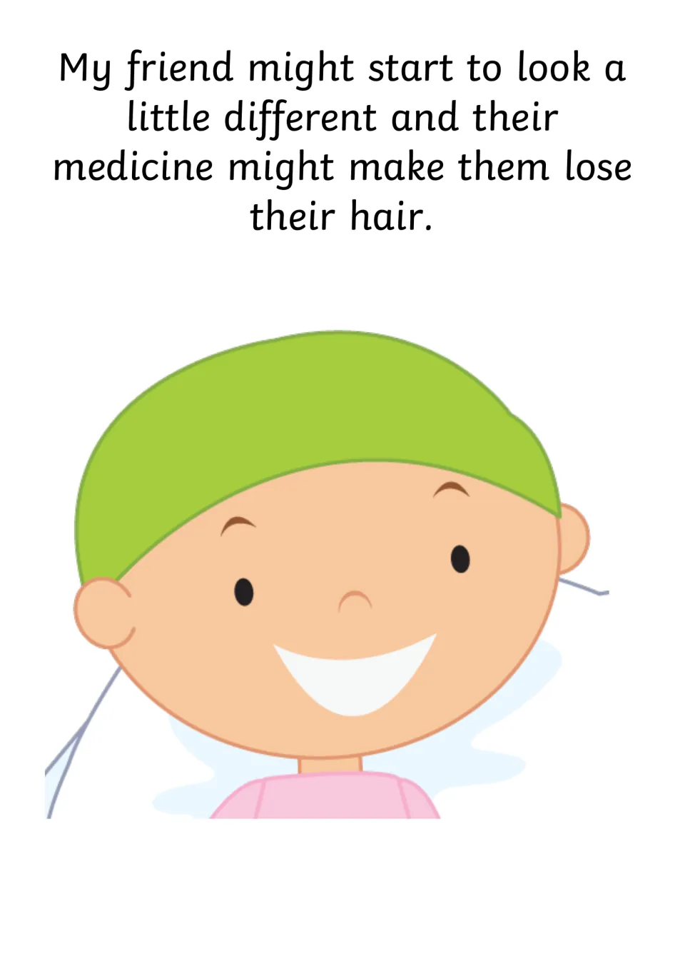 Social story page explains that the friend might look different and their medicine might cause hair loss.