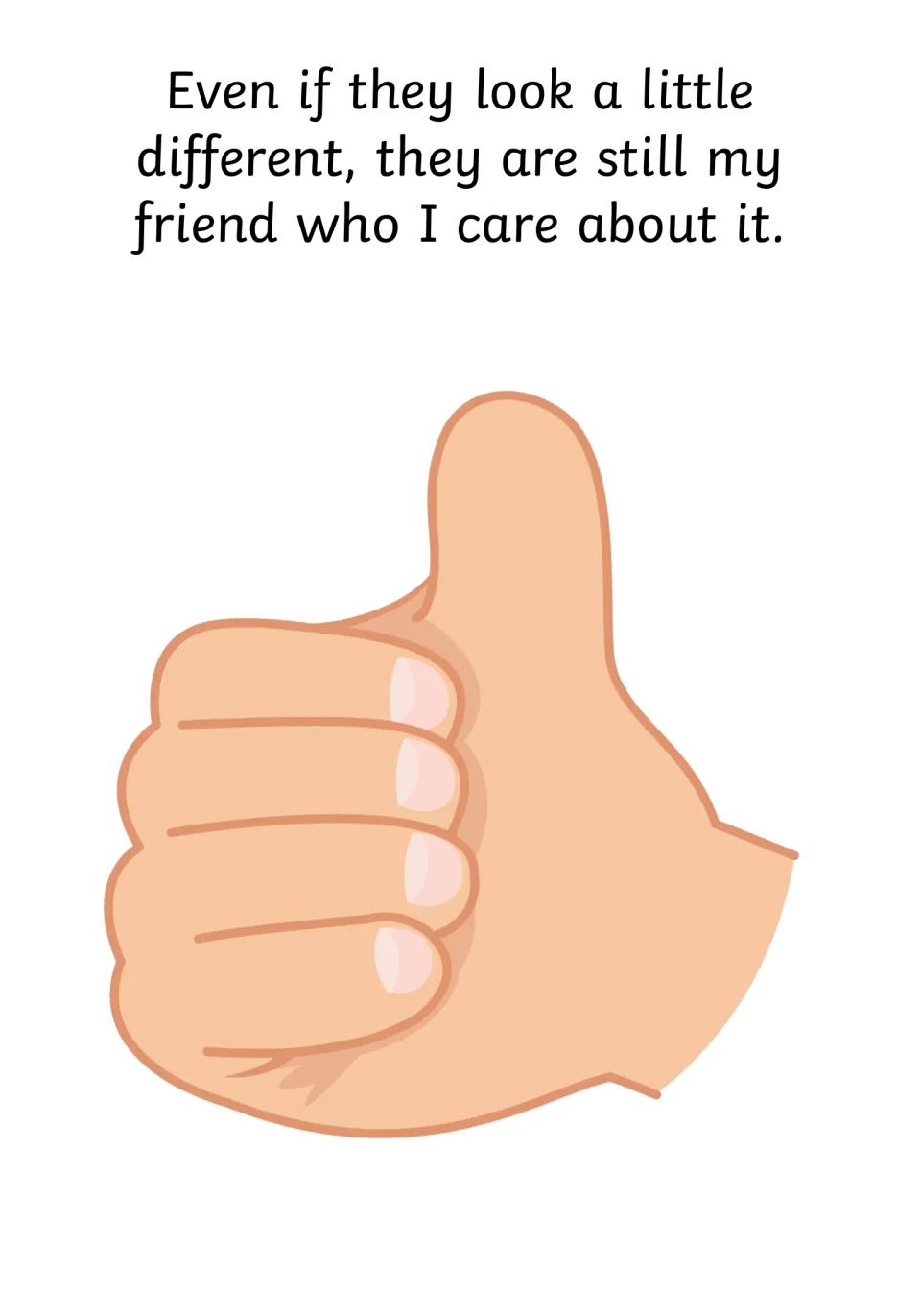 Social story page affirms that even if the friend looks different, they are still a friend the narrator cares about.