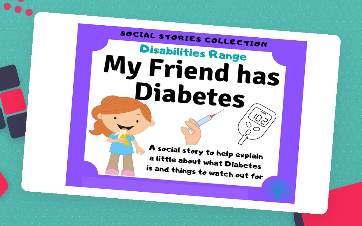 My Friend Has Diabetes social-story cover with a child and glucose meter.