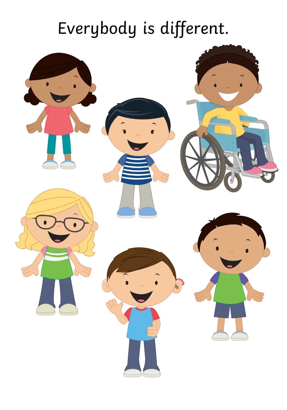 Everybody is different: six smiling children, one in a wheelchair, one wearing glasses and one with a hearing aid