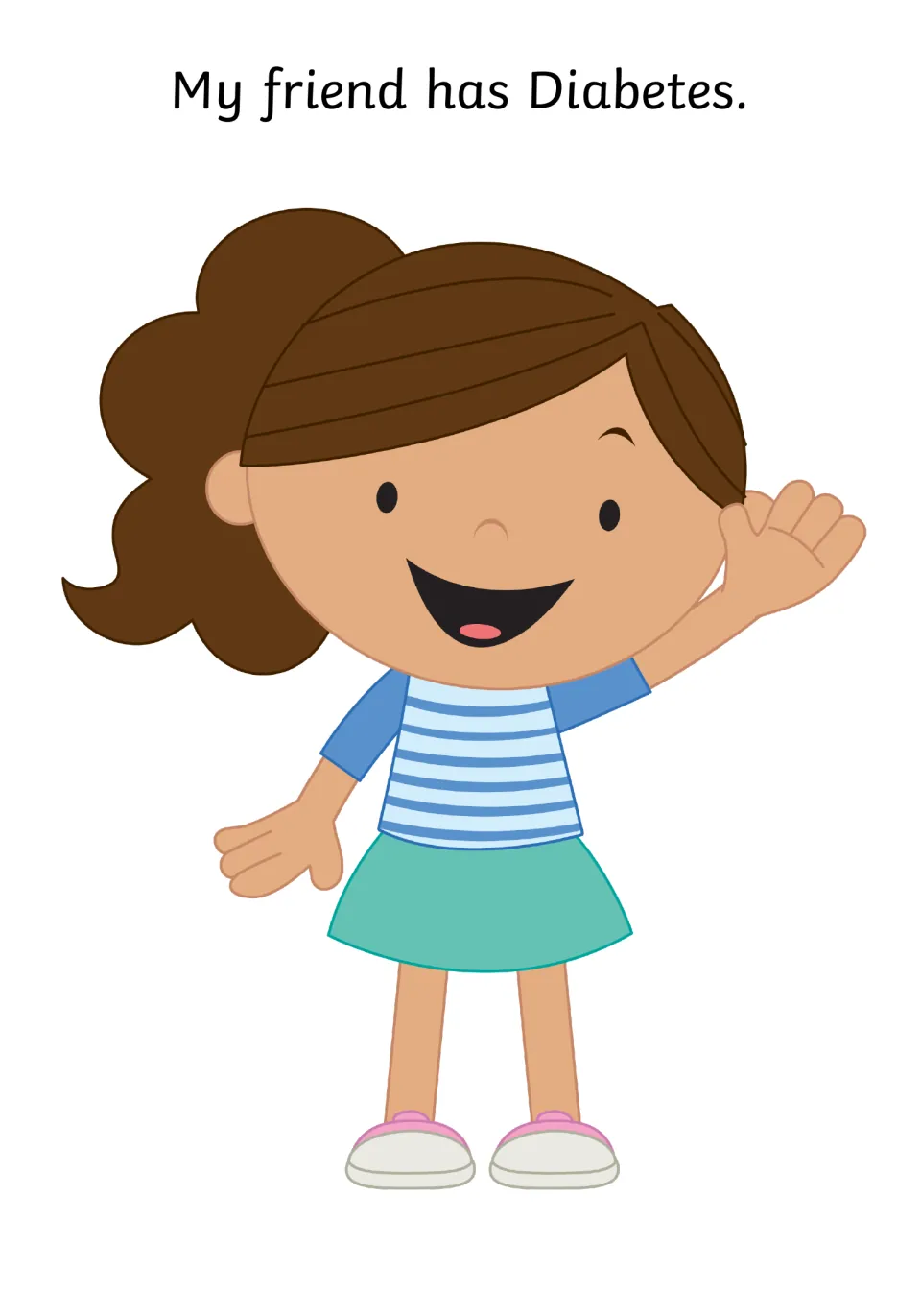 Introducing the friend: a waving girl in a striped top and teal skirt is named as the friend who has diabetes