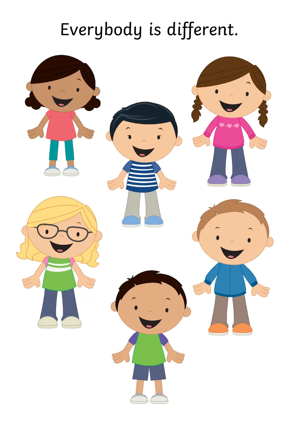 Social story opening: 'Everybody is different,' illustrated by six children with different appearances.