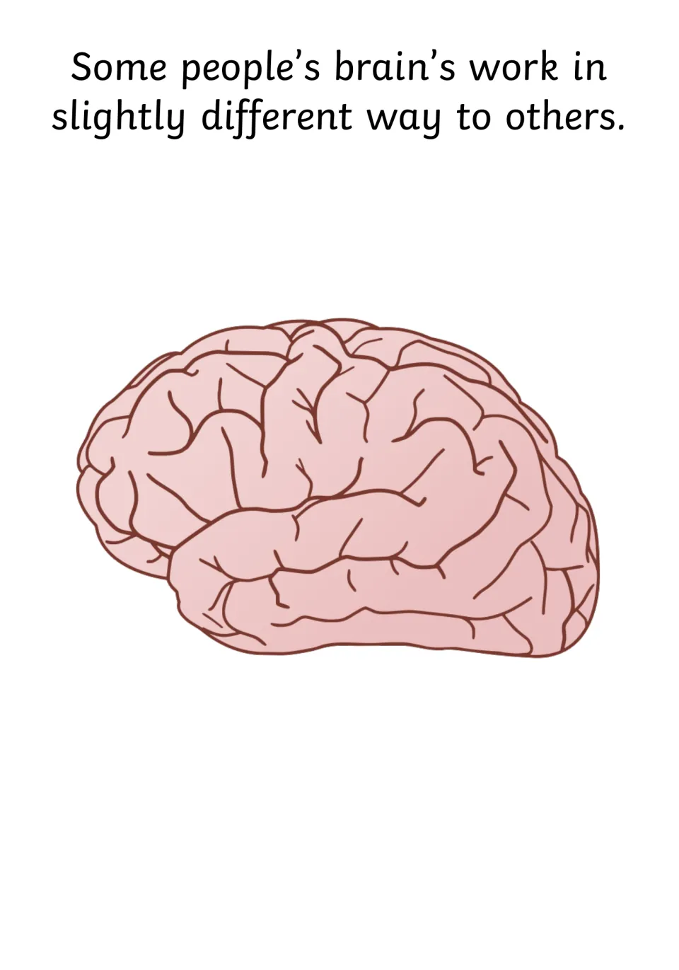 Social story page explains that people's brains can work in different ways, with an illustration of a brain.